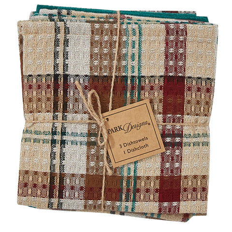 The Gamekeeper Plaid Dishtowels and Dishcloth Set adds a charming touch to your country kitchen! Featuring a classic plaid design in tones of antique white, tan, red, green, and black and a solid green, this set will be a stylish accent to your decor!