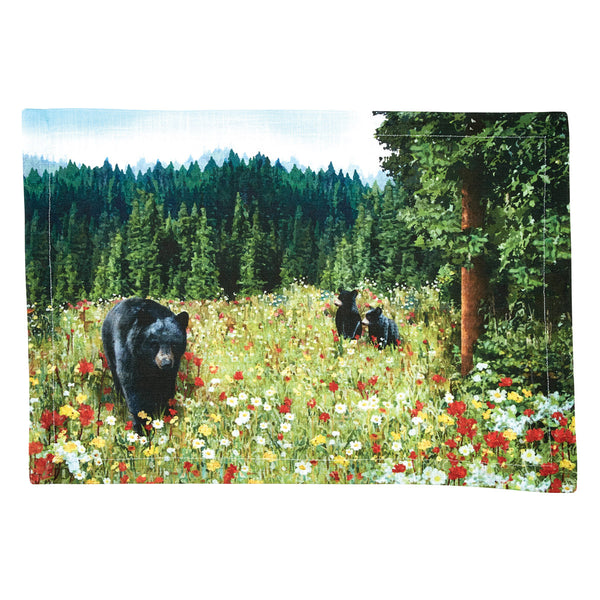 The Hello Bear Placemat offers a beautiful outdoorsy appeal! The striking colors work together to create a breathtaking scene of mama bear and her babies in their natural habitat! Coordinate with the complementary Hello Bear Valance, Napkins, and Placemats to complete your kitchen's look!
