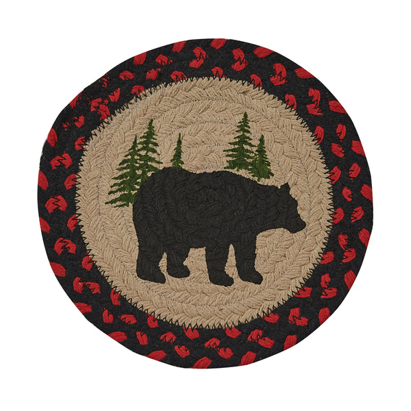 The Black Bear Braided Trivet measures 8" in diameter and is perfect for adding the great outdoors to any room in the home. Featuring a black bear and pine trees surrounded by a red and black boarded, these trivets will blend easily with your cabin, country or rustic decor. Made from 100% premium cotton which is a brilliant insulator making it a perfect tool to protect your tables.