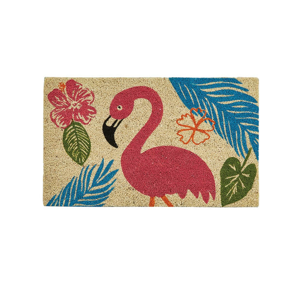 Our Flamingo Coir Doormat will liven up your entryway and add an exciting welcome to your home.  This colorful doormat features a pink flamingo, hibiscus flower and palm leaves.