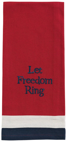 Show your appreciation for our FREEDOM with this Flag Decorative Dishtowel.  Red white and blue design with the phrase "Let Freedom Ring" embroidered.
