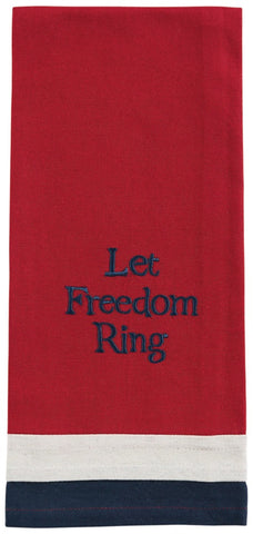 Show your appreciation for our FREEDOM with this Flag Decorative Dishtowel.  Red white and blue design with the phrase "Let Freedom Ring" embroidered.