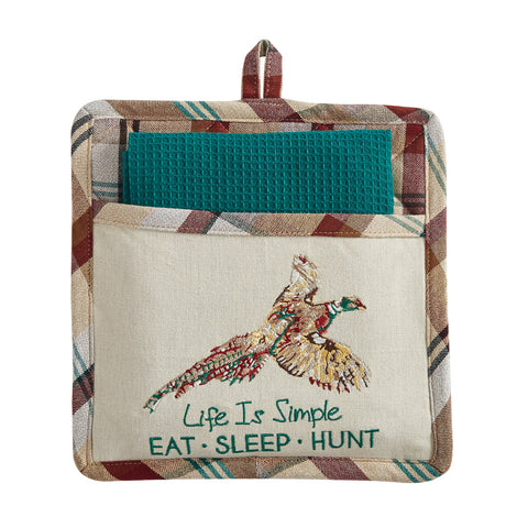 The Gamekeeper Plaid Pocket Potholder Set adds a charming touch to your country decor! Featuring a classic plaid design in tones of antique white, tan, red, green, and black with a beautiful bird and whimsical saying, this set will be a stylish accent to your kitchen!