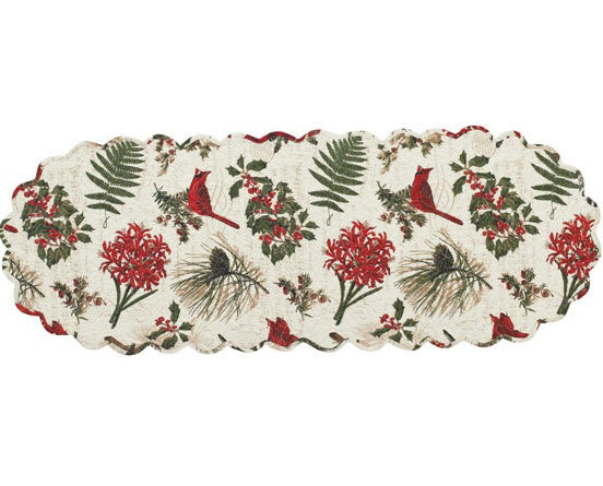 Nature Sings Table Runner- Nature Sings is beautiful and organic and features the art of Tina Higgins. A customer favorite, this collection has broad appeal and with its cardinal and flower motifs works all winter long. Pair with the Nature Sings Placemats and Napkins!