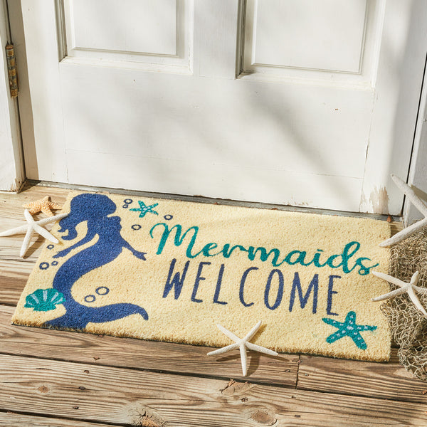 Our Mermaid Doormat will be a wonderful addition to your entryway. Features a blue mermaid silhouette with sea shell and starfish and the message Mermaids Welcome.