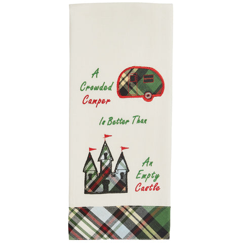 Show your love of camping life with this Crowded Camper Dishtowel!  You'll love this white towel with the image of a camper and a castle in plaid and the words A Crowded Camper Is Better Than An Empty Castle.