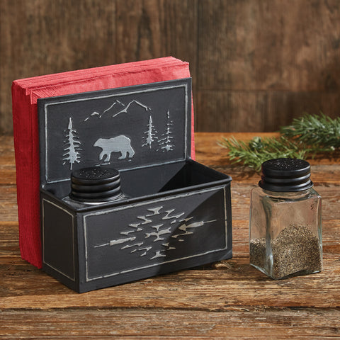 Featuring a beautiful wildlife scene, the Black Bear Napkin and Salt & Pepper Caddy is a great way to bring a touch of the outdoors to your table! Great for indoor or outdoor dining!