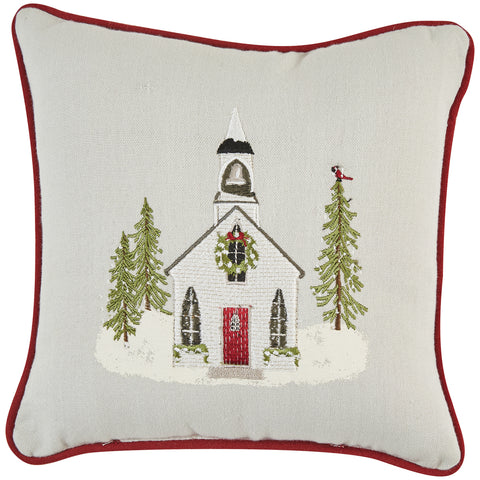 Add a traditional and stylish accent to any corner of your home with the Town Square Church Embroidered Pillow! Featuring a charming snowy church set on a calming gray background and red trim, this pillow is sure to be a charming addition to your holiday decor! 