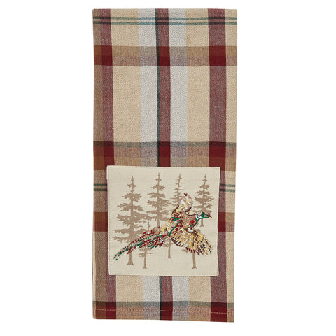 The Gamekeeper Plaid Pheasant Embroidered Dishtowels add a charming touch to your country table! Featuring a classic plaid design in tones of antique white, tan, red, green, and black and a charming bird flying in the wildnerness, these dishtowels will be a stylish accent to your decor!
