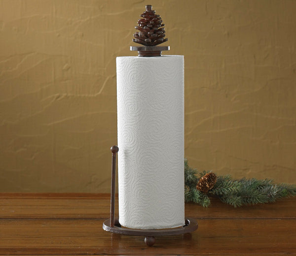 Pretty and practical, the Pinecone Paper Towel Holder offers an easy-to-use counter style that is accented with a decorative 3-D Pinecone at the very top! So convenient!!  Color: Black Dimensions: 6.25" diameter x 16.5"H Made of iron