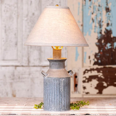 Milk Jug Lamp with Ivory Linen Shade finished in Weathered Zinc. Visit website for FREE s/h & discount offers. Primitive Country Farmhouse Decor