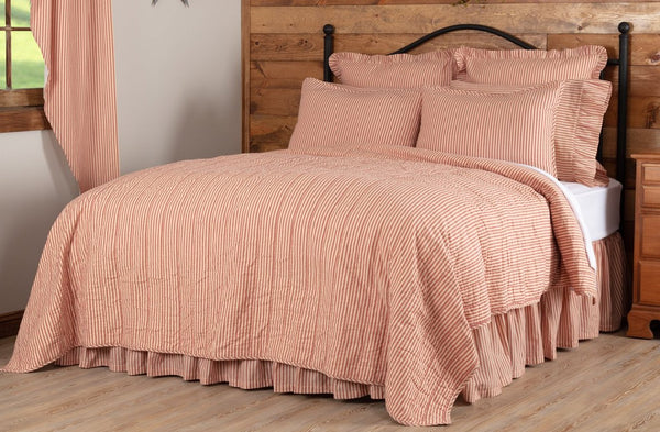 Sawyer Mill Red Ticking Stripe King Quilt Coverlet 105Wx95L, featuring vertical channel hand quilting with repeating country tred ticking stripe woven into solid cotton base. Primitive Country Farmhouse Bedding Home Decor.