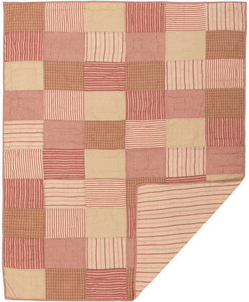 Sawyer Mill Red Block Quilted Throw 60x50, Featuring simple block layout in various plaid and striped farmhouse fabrics with stitch in the ditch and echo hand quilting on Country Red, Dark Tan, Dark Creme fabrics, Primitive Country Farmhouse Blanket Home Decor.