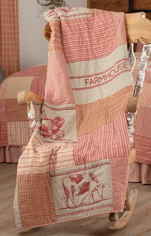 Sawyer Mill Red Farm Animal Quilted Throw 60x50, Country Red, Dark Tan, Dark Creme, Primitive Country Farmhouse Blanket Home Decor.