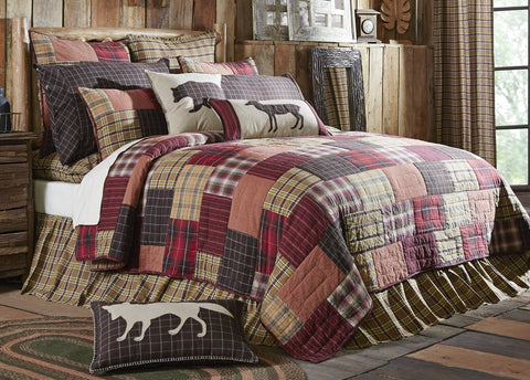 Wyatt California King Quilt 130Wx115L, Crimson, Khaki, Espresso plaid and stripes, Primitive country Farmhouse, rustic, lodge, quilted bedding home decor.