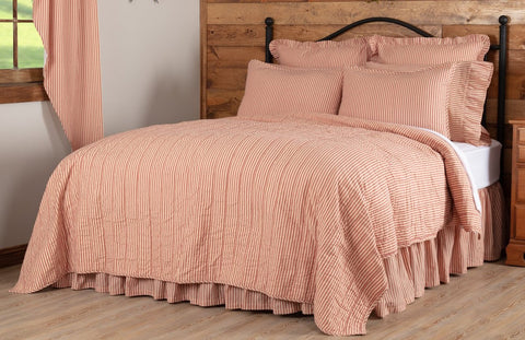 Sawyer Mill Red Ticking Stripe Queen Quilt Coverlet 90Wx90L featuring vertical channel hand quilting with repeating red ticking stripe woven into solid cotton base. Primitive Country Farmhouse Bedding Home Decor.