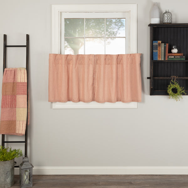 Sawyer Mill Red Ticking Stripe Tier Set of 2 L24xW36 featuring repeating, red ticking stripes woven into dark creme cotton base. Primitive Country Farmhouse Window Treatments Curtains Home Decor.