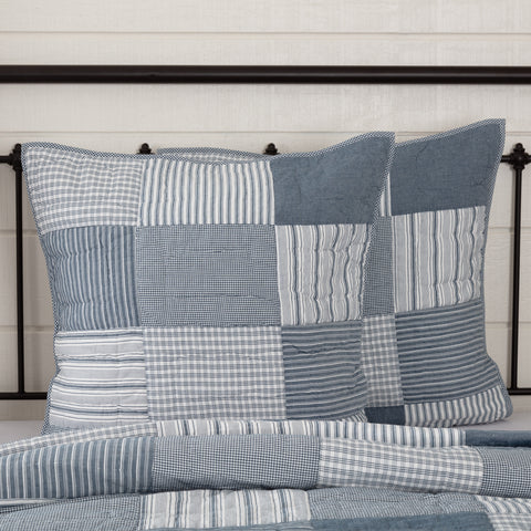 Sawyer Mill Blue Quilted Euro Sham 26x26, Simple brick layout in various plaid and striped Farmhouse fabrics, denim blue and soft white. Primitive Country Farmhouse Bedding Home Decor.