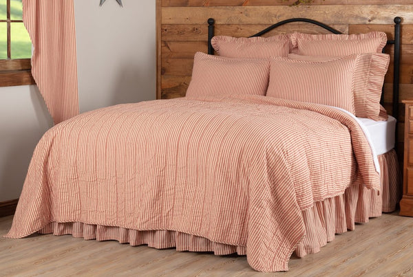 Sawyer Mill Red Ticking Stripe California King Quilt Coverlet 130Wx115L featuring vertical channel hand quilting with repeating ticking stripe woven into solid cotton base. Reverses to a solid cotton 100% cotton. Primitive Country Farmhouse Bedding Home Decor.