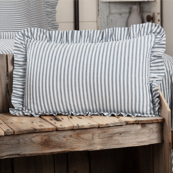 Sawyer Mill Blue Ticking Stripe Fabric Pillow 14x22 features repeating denim blue ticking stripes woven onto a soft white base. Primitive Country Farmhouse Bedding Home Decor.