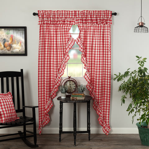 Annie Buffalo Red Check Ruffled Prairie Long Panel Set of 2 84x36x18, large scale red and white checks, Primitive Country Farmhouse Window Treatments Curtains Home Decor.