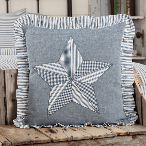 Sawyer Mill Blue Barn Star Pillow 18x18,  patchwork 5-point Texas Star on a denim blue fabric finished with a ticking stripe gathered ruffle. Primitive Country Farmhouse Bedding Home Decor.