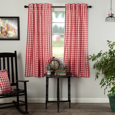 Annie Buffalo Red Check Short Panel Set of 2 63x36, large scale checks, Country Red, Antique Creme, Primitive Country Farmhouse Window Treatments Curtains Home Decor.