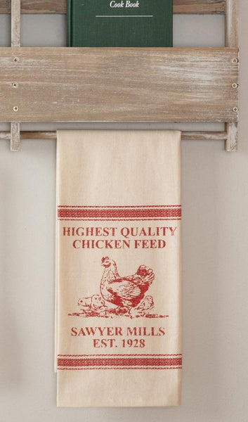 Sawyer Mill Red Chicken Muslin Unbleached Natural Tea Towel 19x28, country red hen and chicks with farmhouse writing is surrounded by grain sack stripes on a natural background, Primitive Country Farmhouse Kitchen Table Home Decor.