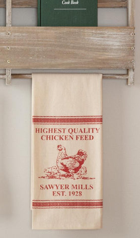 Sawyer Mill Red Chicken Muslin Unbleached Natural Tea Towel 19x28, country red hen and chicks with farmhouse writing is surrounded by grain sack stripes on a natural background, Primitive Country Farmhouse Kitchen Table Home Decor.