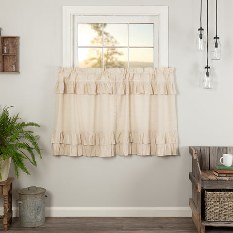 Simple Life Flax Natural Ruffled Tier Set of 2 L36xW36, Primitive Country Farmhouse Window Treatments Curtains Home Decor.