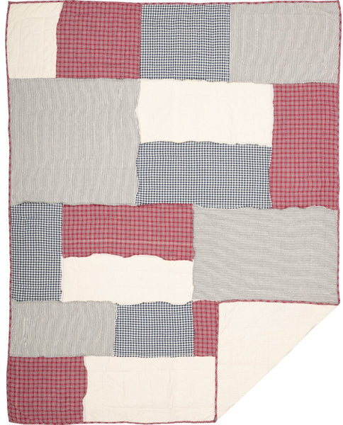 Hatteras Patch Twin Quilt 68Wx86L, Seersucker fabric in classic patchwork are united in American red, cotton white, and denim blue - all pieced together in a mix of square and rectangular patchwork. Primitive Country Farmhouse Bedding Home Decor.