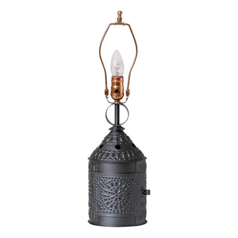 Paul Revere lamp is a staple in country living and rustic farmhouse decor. The base is decorated with layers of punched metal that shine like geometric starbursts. Use the three-way switch to control the bulb on top and cast a warm glow through base. The base, which does not include a shade, is ready for you to add the 15-Inch decorator shade of your choice.