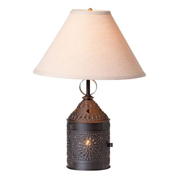 Paul Revere lamp is a staple in country living and rustic farmhouse decor. Use the three-way switch to control the shaded bulb on top and cast a warm glow through base. The 15-Inch Ivory Linen fabric shade is included.