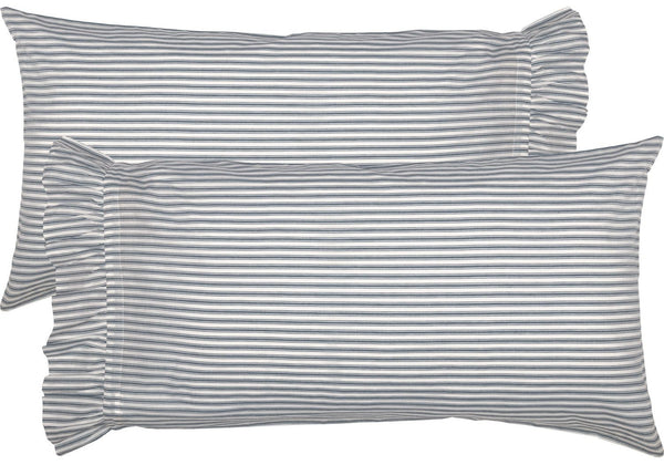 Sawyer Mill Blue Ticking Stripe King Pillow Case Set of 2 21x40 features repeating denim blue ticking stripes on a soft white base, with a ruffled edge.