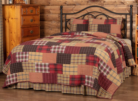 Wyatt California King Quilt Set including 1 Quilt 130Wx115L and 2 Shams 21x37. This rustic quilt and sham set beautifully displays crimson, khaki, and dark brown plaid and stripes.  Primitive Country Farmhouse Lodge Quilted Bedding Home Decor.