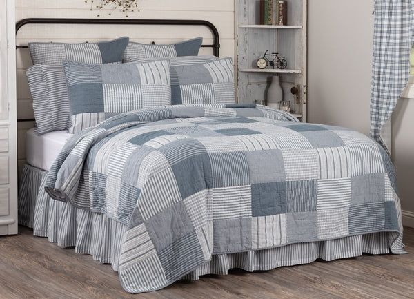 Sawyer Mill Blue Queen Quilt 90Wx90L, simple block pattern in various plaid and stripes work perfectly to set a Farmhouse mood, Denim Blue, Soft White. Primitive Country Farmhouse bedding Home Decor.