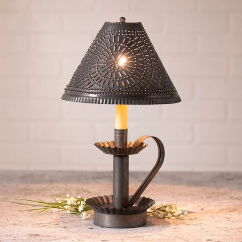 Candlestick Lamp with Chisel Shade in Kettle Black, is a small lamp that is large on character. The warm glow of the light through the piercings will wash your walls with light patterns. It is truly an affordable and beautiful piece to add to your home's lighting. Primitive Country Farmhouse Home Deocr.