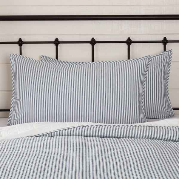 Sawyer Mill Blue Ticking Stripe King Sham 21x37, repeating, denim blue ticking stripe woven into solid soft white cotton base. Primitive Country Farmhouse Bedding Home Decor.