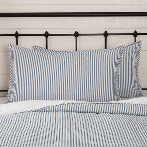 Sawyer Mill Blue Ticking Stripe King Sham 21x37, repeating, denim blue ticking stripe woven into solid soft white cotton base. Primitive Country Farmhouse Bedding Home Decor.