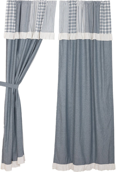 Sawyer Mill Blue Panel with Attached Patchwork Valance Set of 2 84x40, Valance attached at top detailed with vertical strips of denim blue & soft white plaid and striped fabrics, Denim Blue Soft White. Primitive Country Farmhouse Window Treatments Curtains Home Decor.
