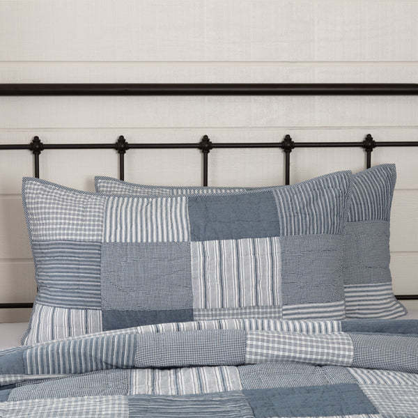 Sawyer Mill Blue King Sham 21x37,  brick layout in various plaid and striped Farmhouse fabrics, denim blue, soft white. Primitive Country Farmhouse Bedding Home Decor.