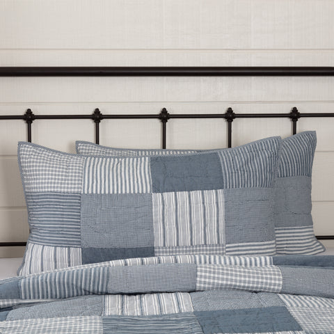 Sawyer Mill Blue King Sham 21x37,  brick layout in various plaid and striped Farmhouse fabrics, denim blue, soft white. Primitive Country Farmhouse Bedding Home Decor.