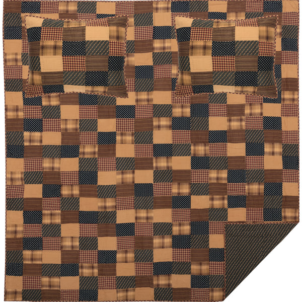 Patriotic Patch Queen Quilt Set; 1 Quilt and 2 Shams, Americana prints with plaids, stripes and checks, Deep red, navy, khaki, Primitive Country Farmhouse Home Decor.