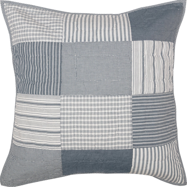 Sawyer Mill Blue Quilted Euro Sham 26x26, Simple brick layout in various plaid and striped Farmhouse fabrics, denim blue and soft white. Primitive Country Farmhouse Bedding Home Decor.