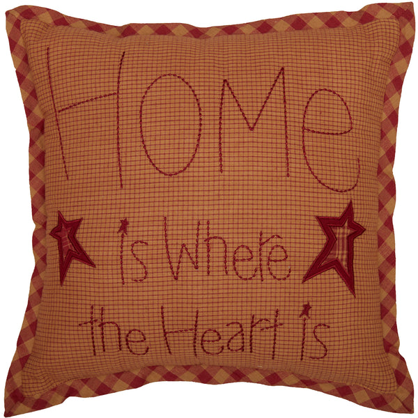 Ninepatch Star Home Pillow 12x12 features burgundy and tan microcheck fabric trimmed with burgundy and tan check fabric with "Home is Where the Heart is" embroidered on the front. Primitive Country Farmhouse Bedding Home Decor.