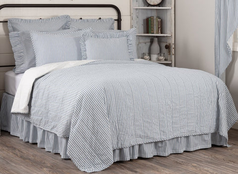 Sawyer Mill Blue Ticking Stripe California King Quilt Coverlet 130Wx115L, repeating Denim Blue ticking stripe woven into a Soft White cotton base, Primitive Country Farmhouse Bedding Home Decor.