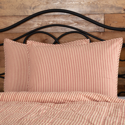 Sawyer Mill Red Ticking Stripe Standard Sham 21x27, featuring vertical channel hand quilting with repeating, red ticking stripe woven into solid cotton base. Primitive Country Farmhouse Bedding Home Decor.