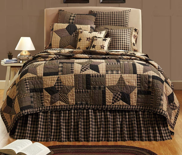 The Bingham Star California King Quilt 130Wx115L. Alternating large 5-point star and confetti strip blocks on various soft black, khaki, and red plaid, check and printed fabrics. Primitive Country Farmhouse Quilted Bedding Home Decor.