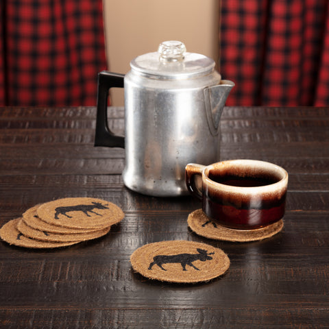 Cumberland Stenciled Moose Jute Coaster Set of 6, Primitive country farmhouse kitchen table dining decor.