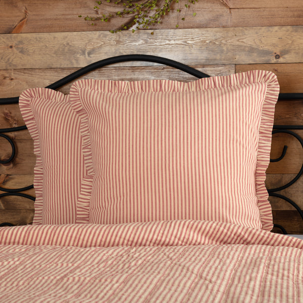 Sawyer Mill Red Ticking Stripe Fabric Euro Sham 26x26  features repeating, red ticking stripes woven into dark creme cotton base fabric, Primitive Country Farmhouse Bedding Home Decor.